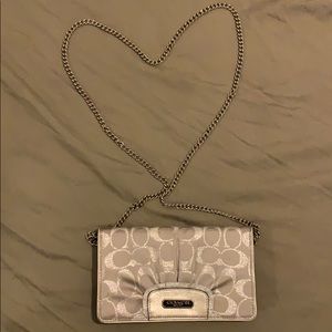Coach Silver Monogram Clutch with crossbody chain